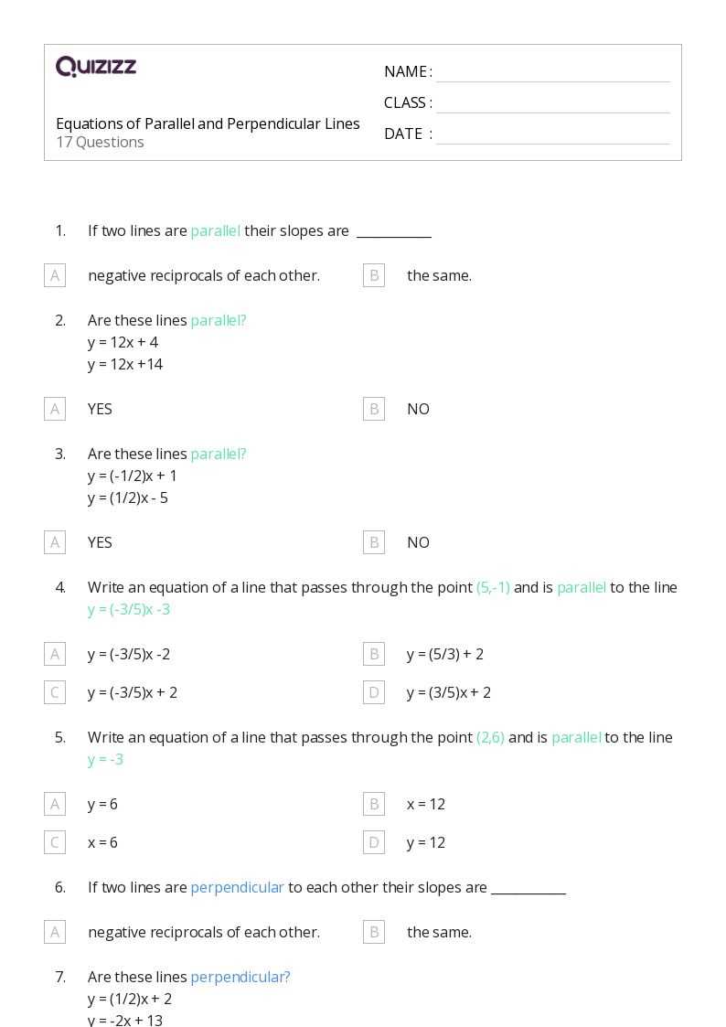 equations of perpendicular and parallel lines worksheet