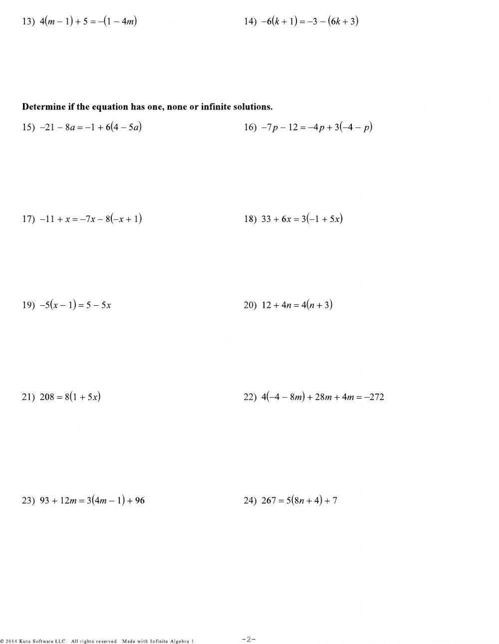equations with infinite solutions and no solutions worksheet