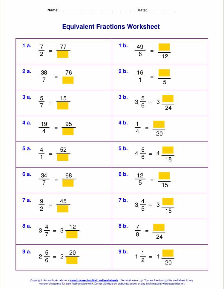 equivalent fractions easy worksheet
