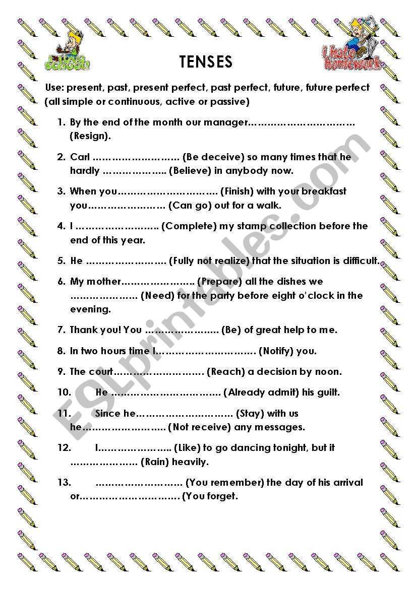 esl activities for tenses worksheet advanced learners