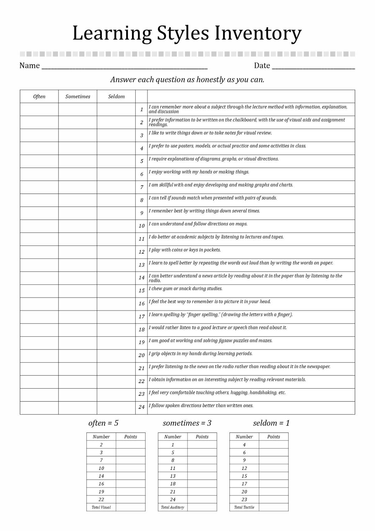 esl learning styles worksheet