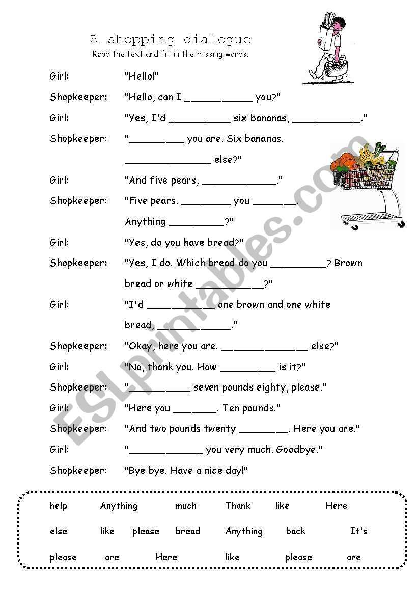 esl shopping worksheets for adults