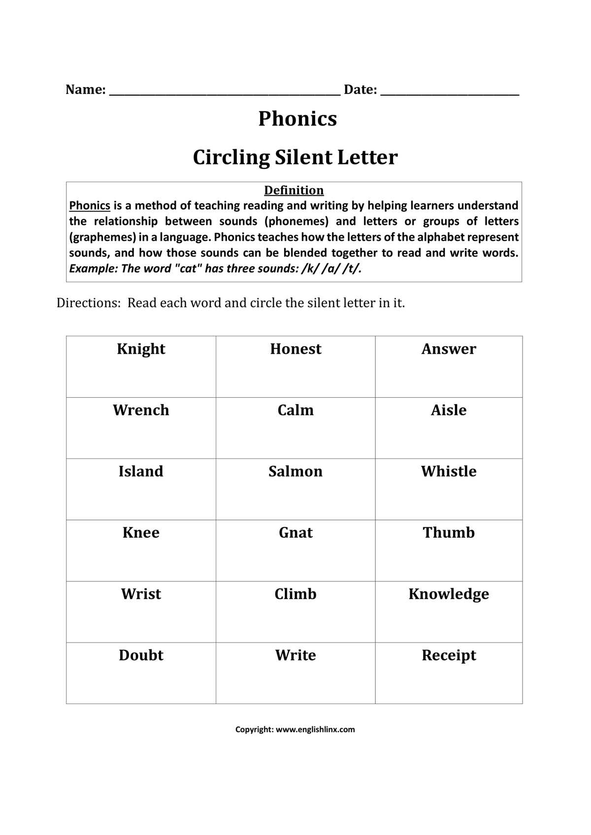 esl silent letters worksheet