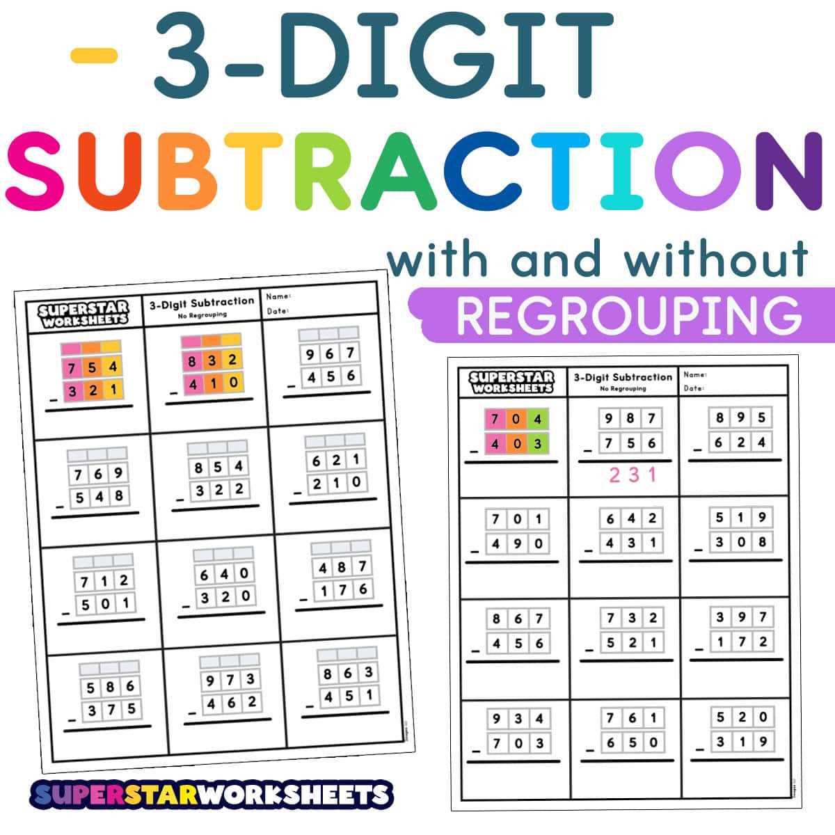 3 digit subtraction with regrouping worksheets