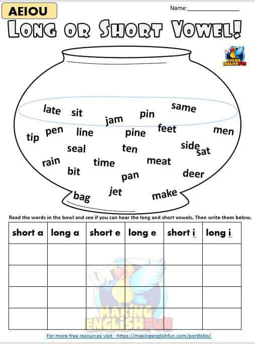 short vowels and long vowels worksheet