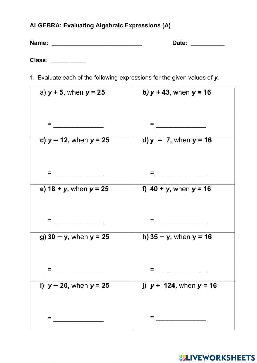 evaluate an algebraic expression worksheet