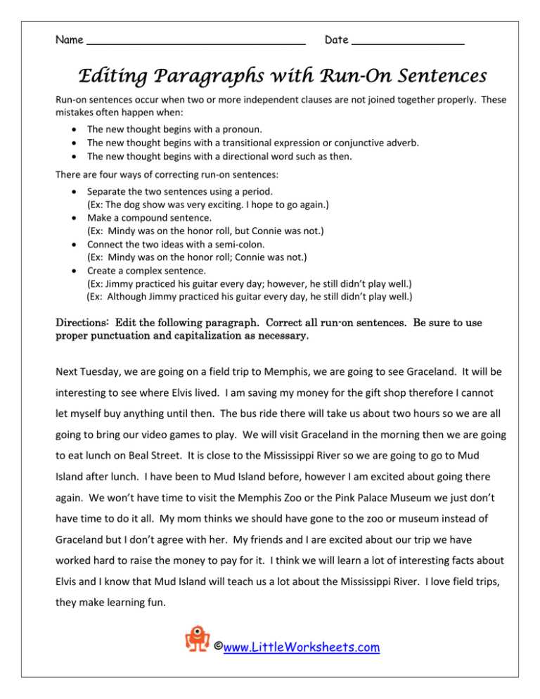 correcting run run on sentence worksheet