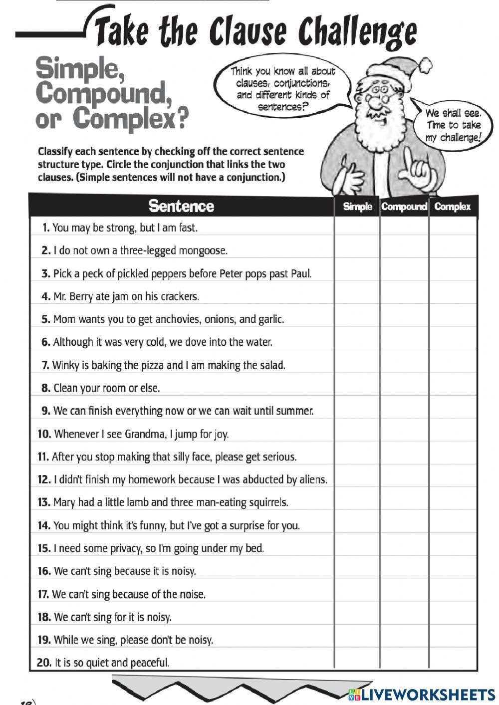 examples of simple compound and complex sentences worksheet