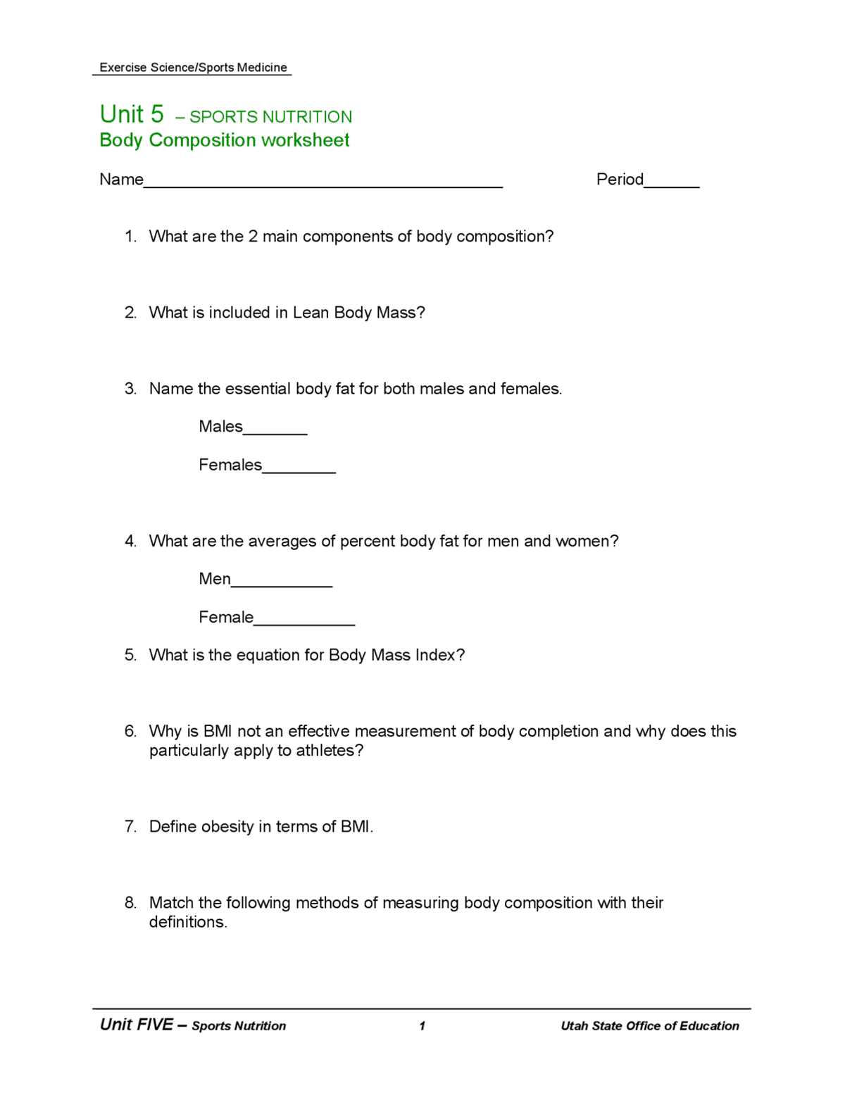 exercise physiology worksheets