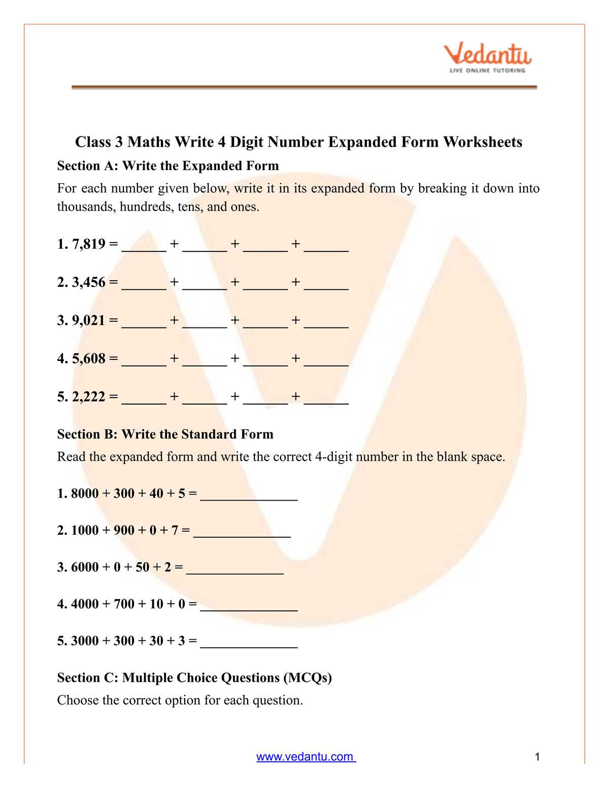 expanded form in maths worksheets