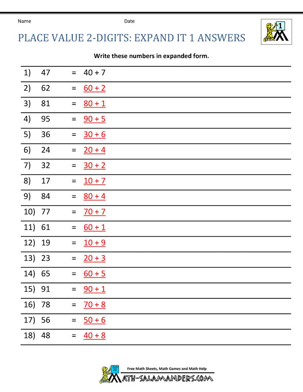 expanded form worksheets for class 1