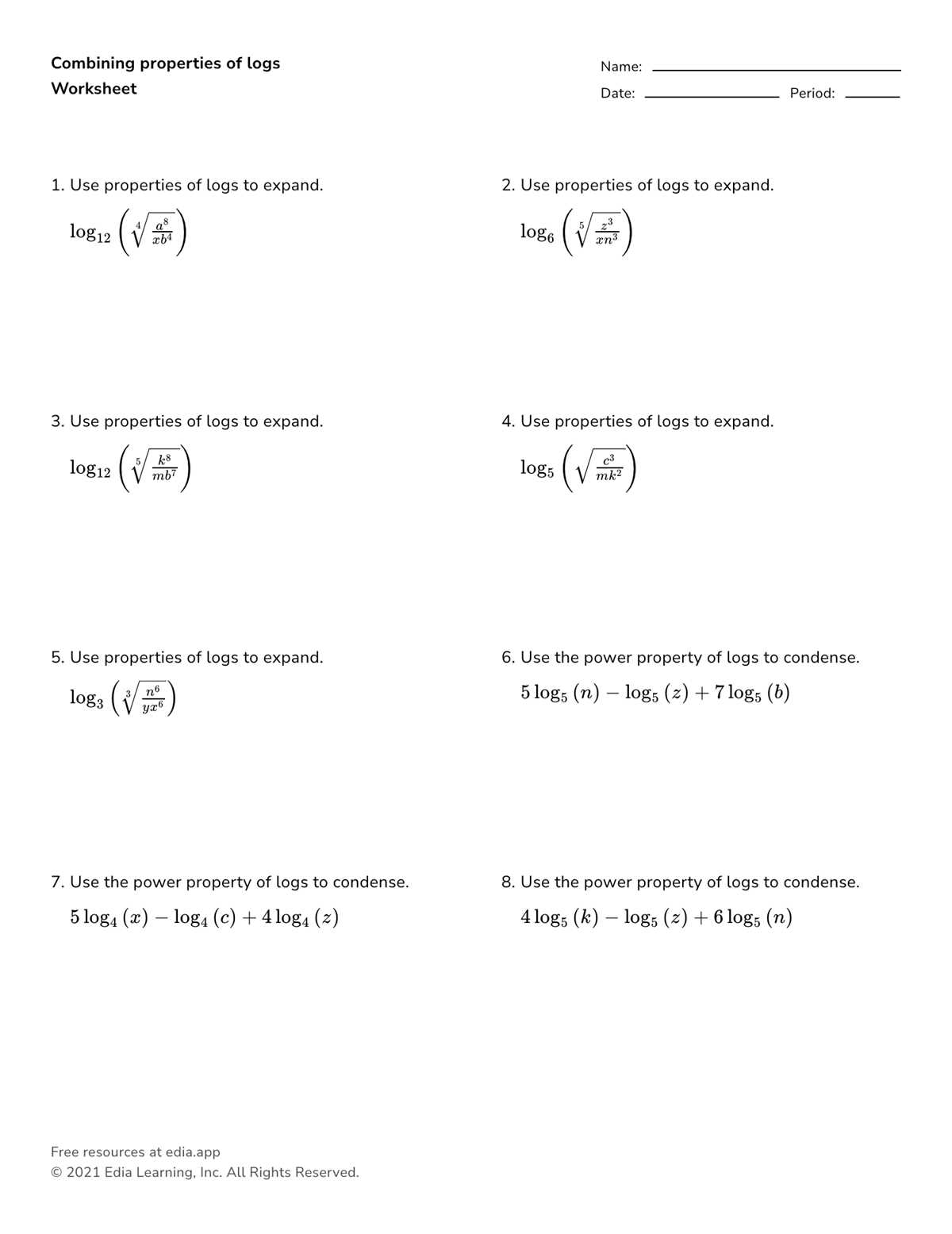 expanding logarithms worksheet