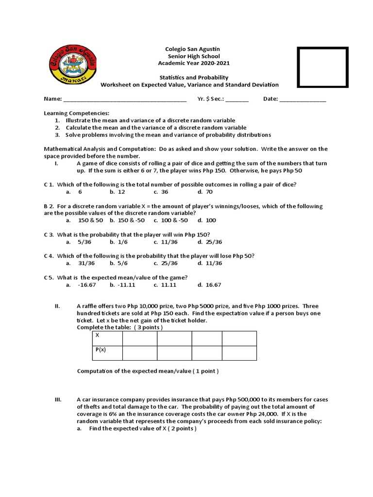 expected value word problems worksheets expected value word problems worksheets