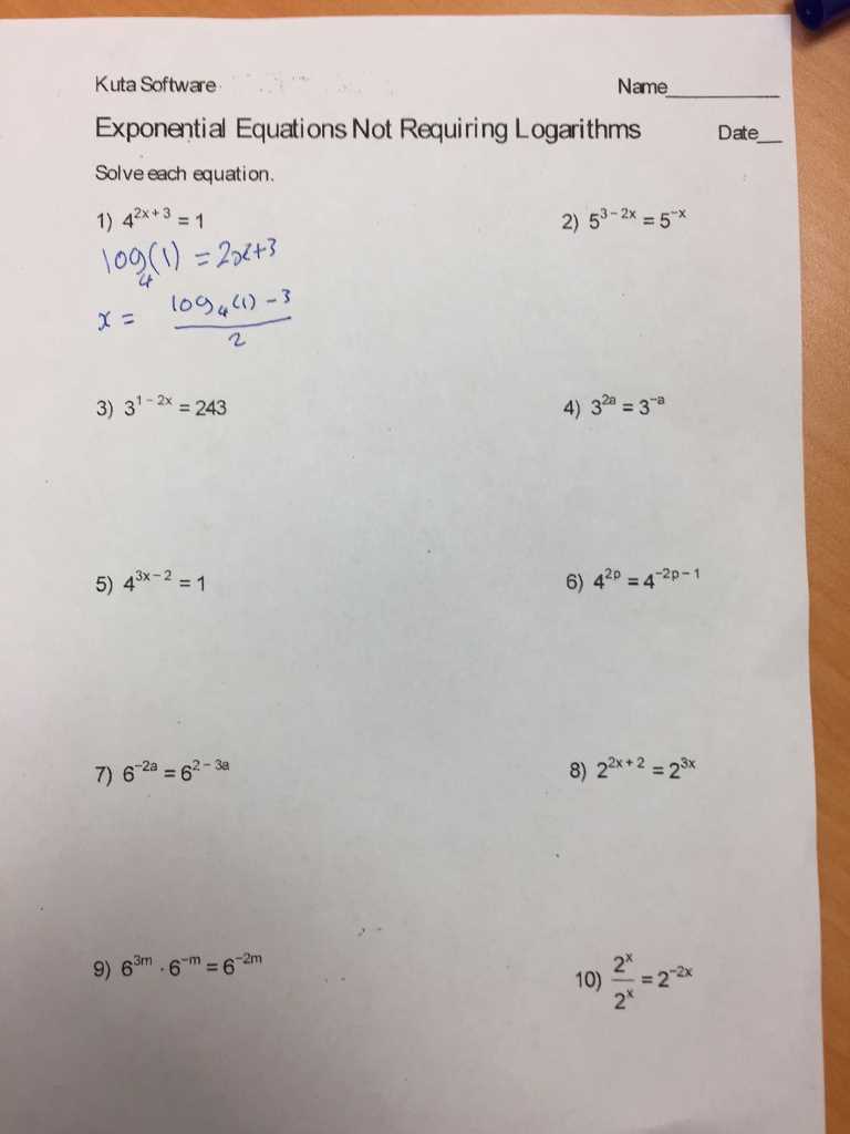 exponential equation solving with logarithms worksheet