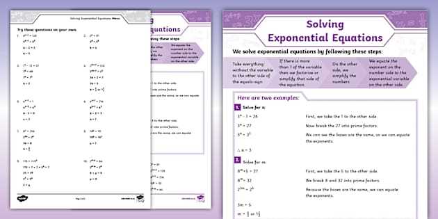exponential equation solving with logarithms worksheet