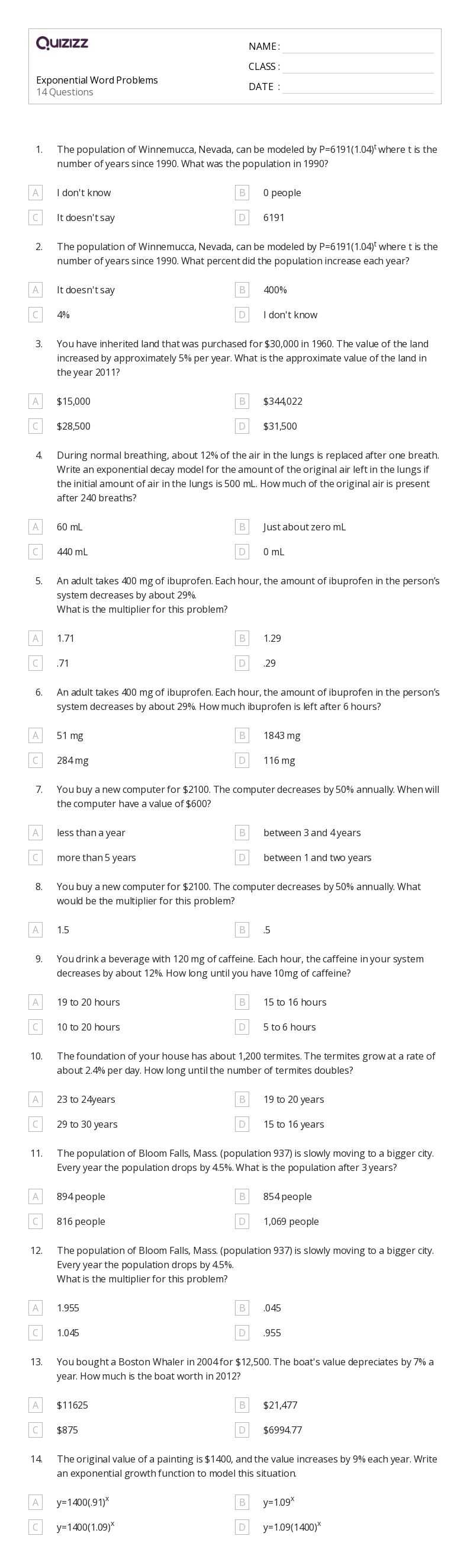 exponential word problems worksheet