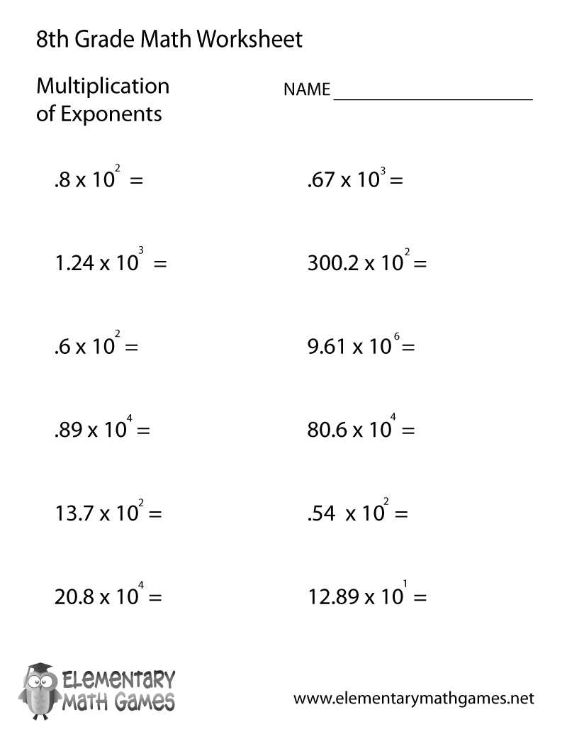 exponents worksheets 8th grade