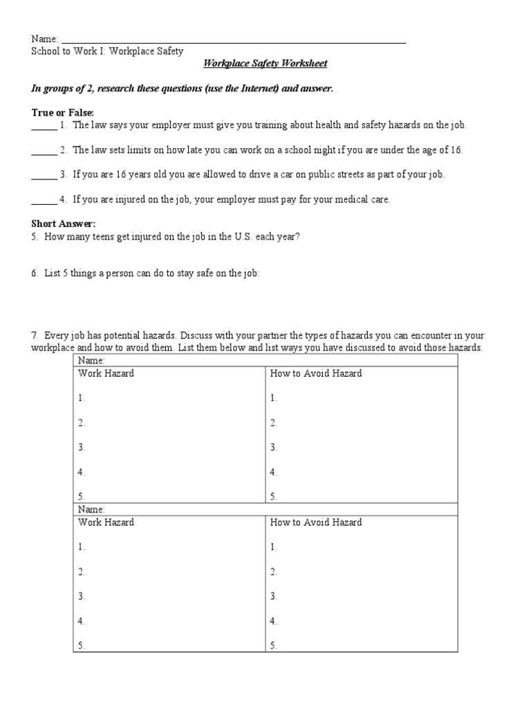workplace worksheets