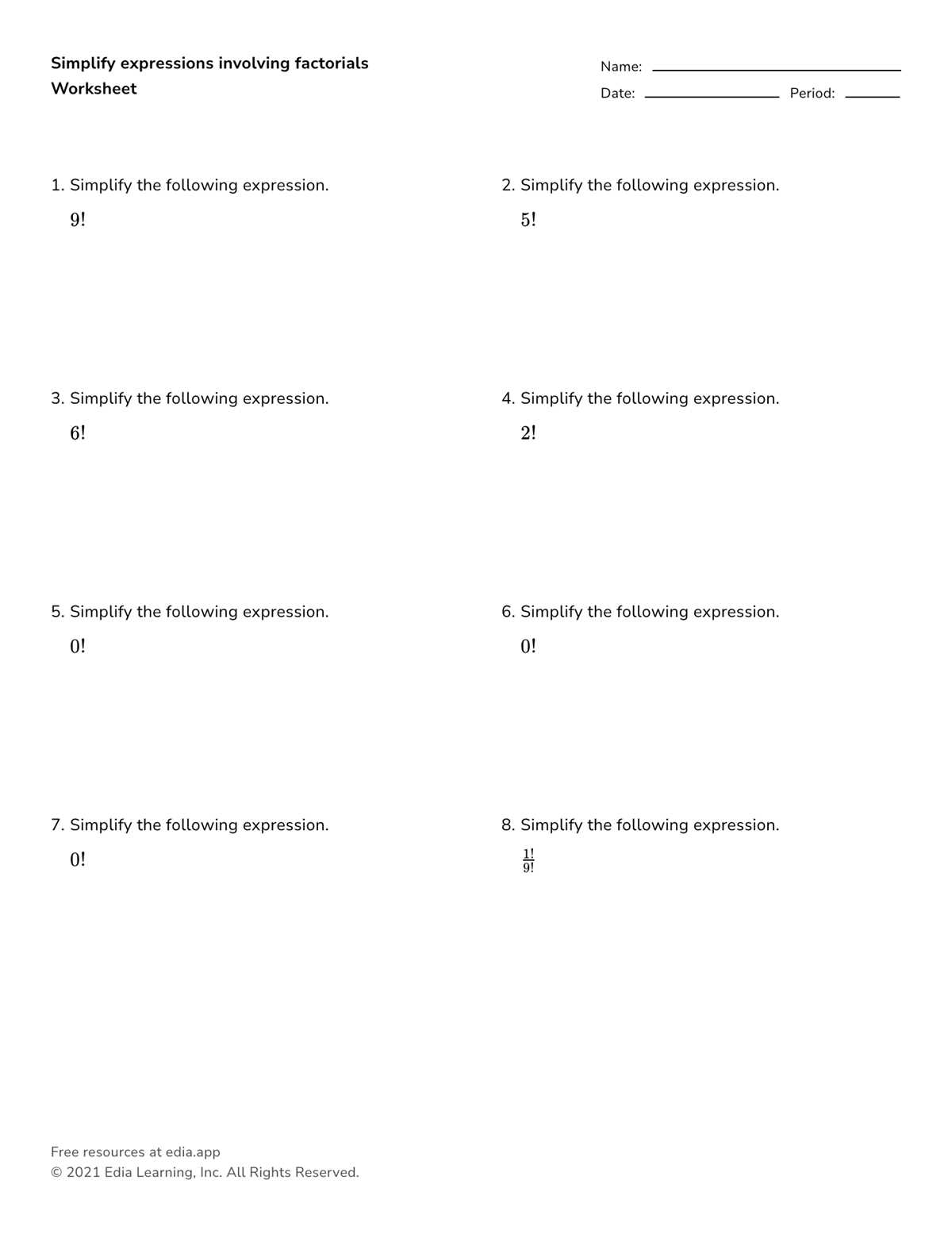 factorial worksheets free