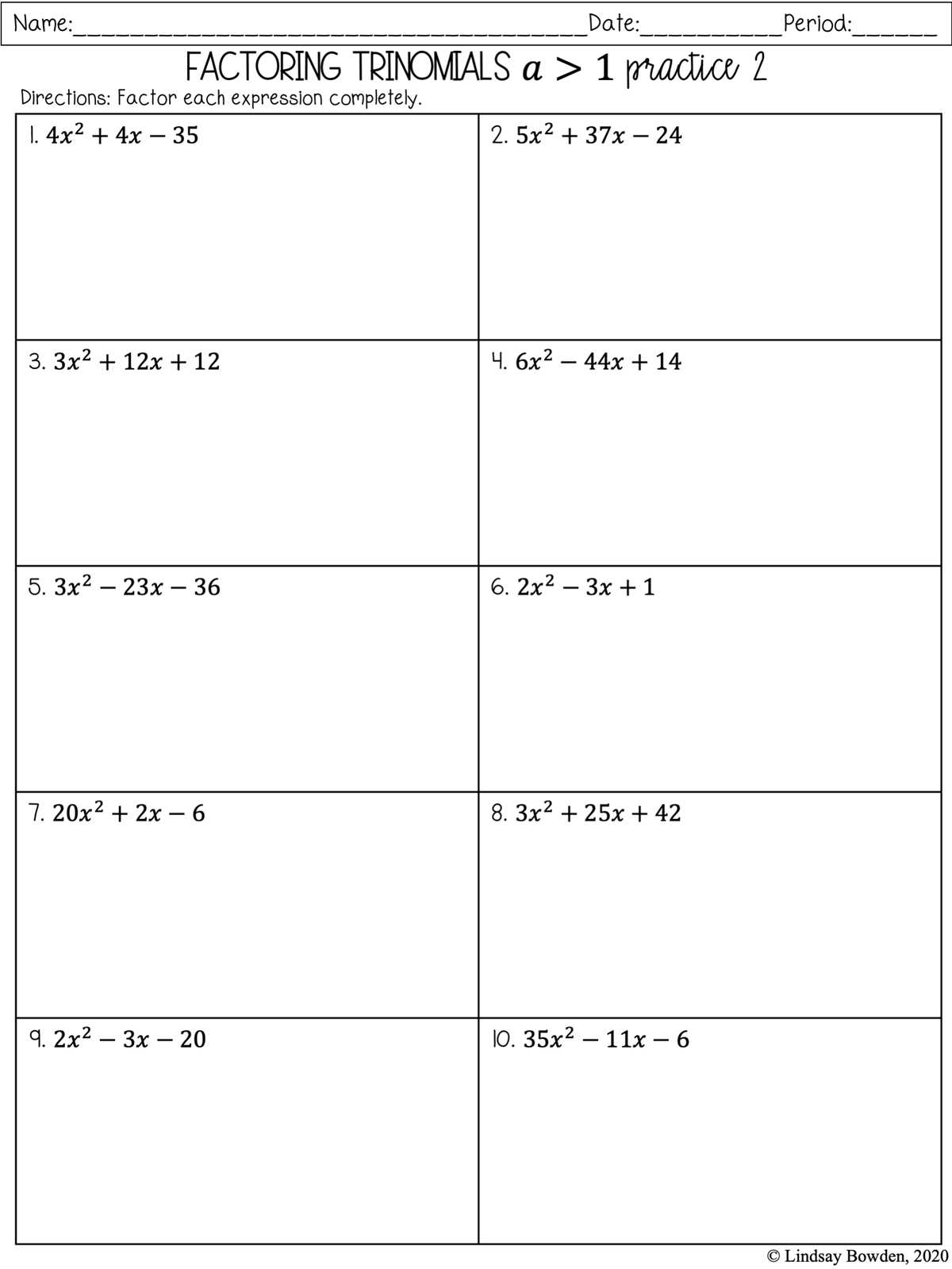 factoring refresher worksheet
