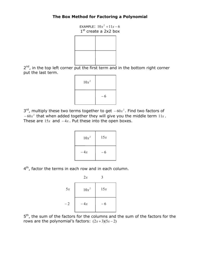 factoring trinomials box method worksheet