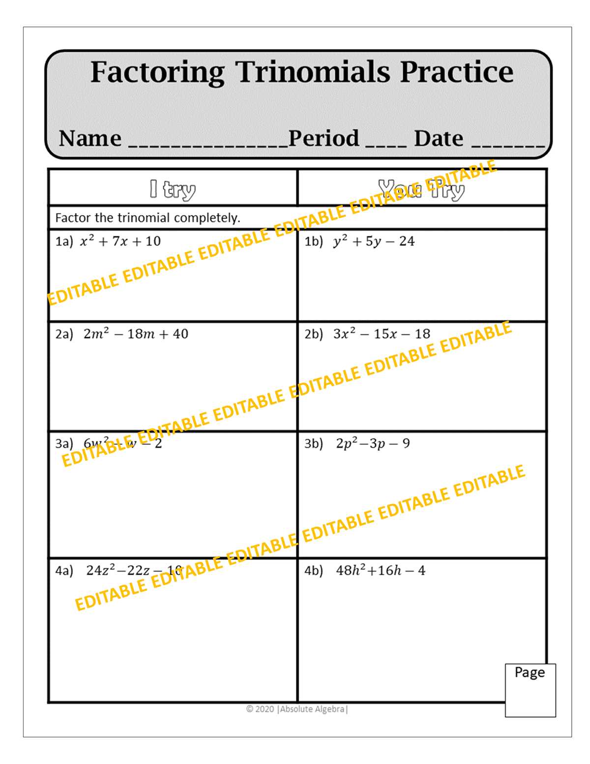 factoring trinomials without leading coefficient worksheet