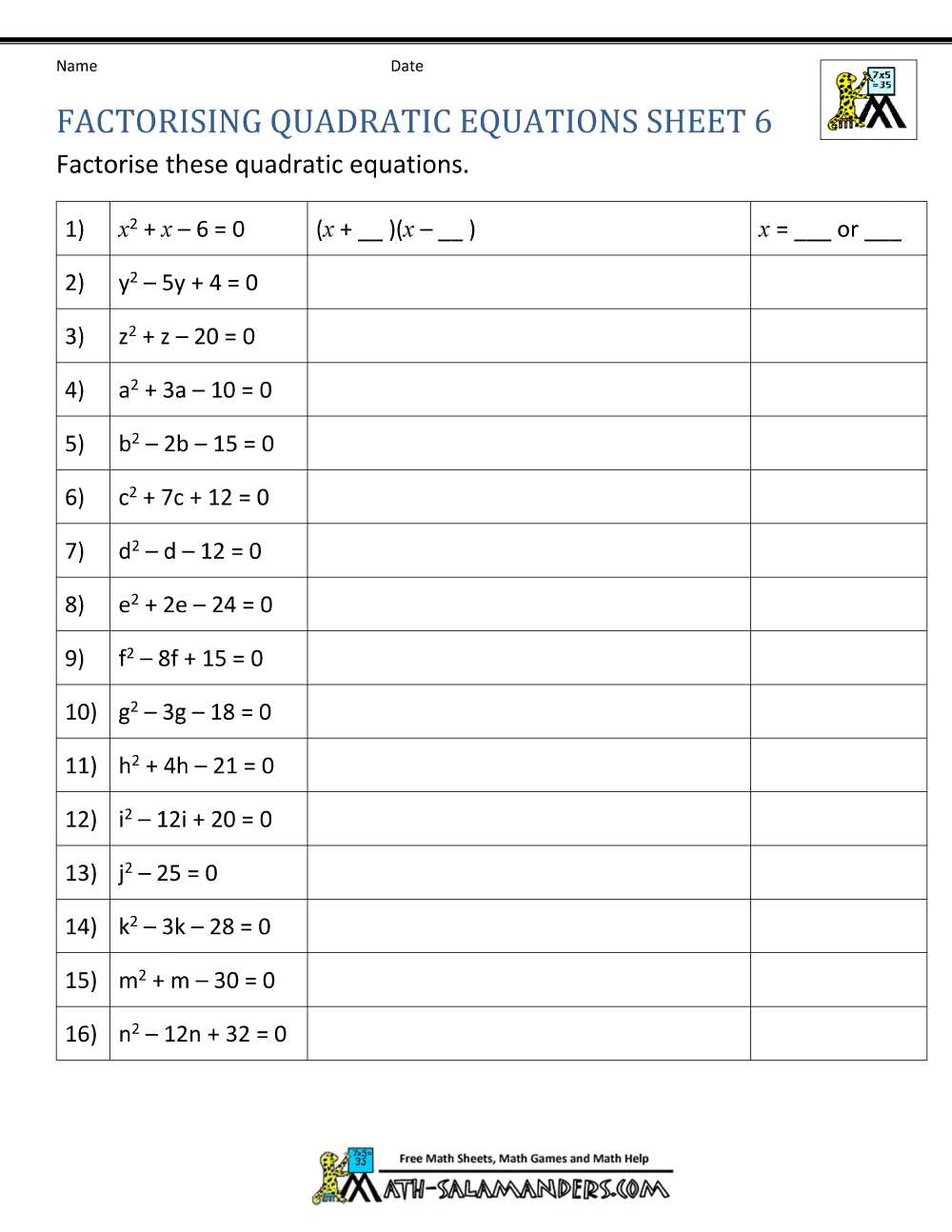 factoring worksheets