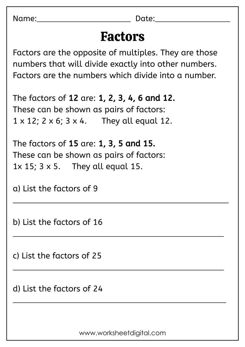 factors 4th grade worksheet