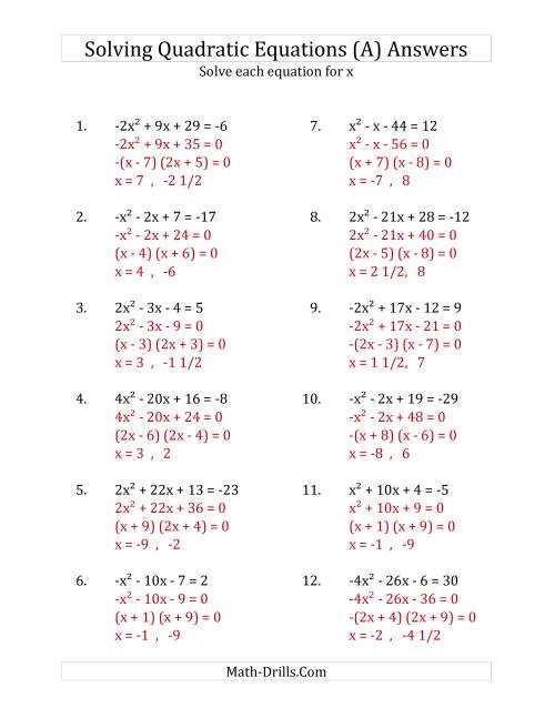 worksheet on quadratic equations