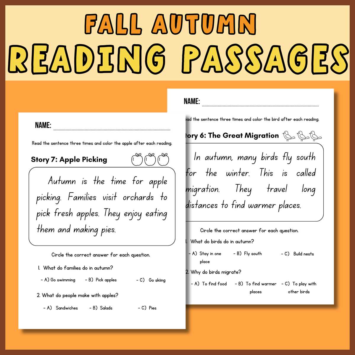 fall reading worksheets