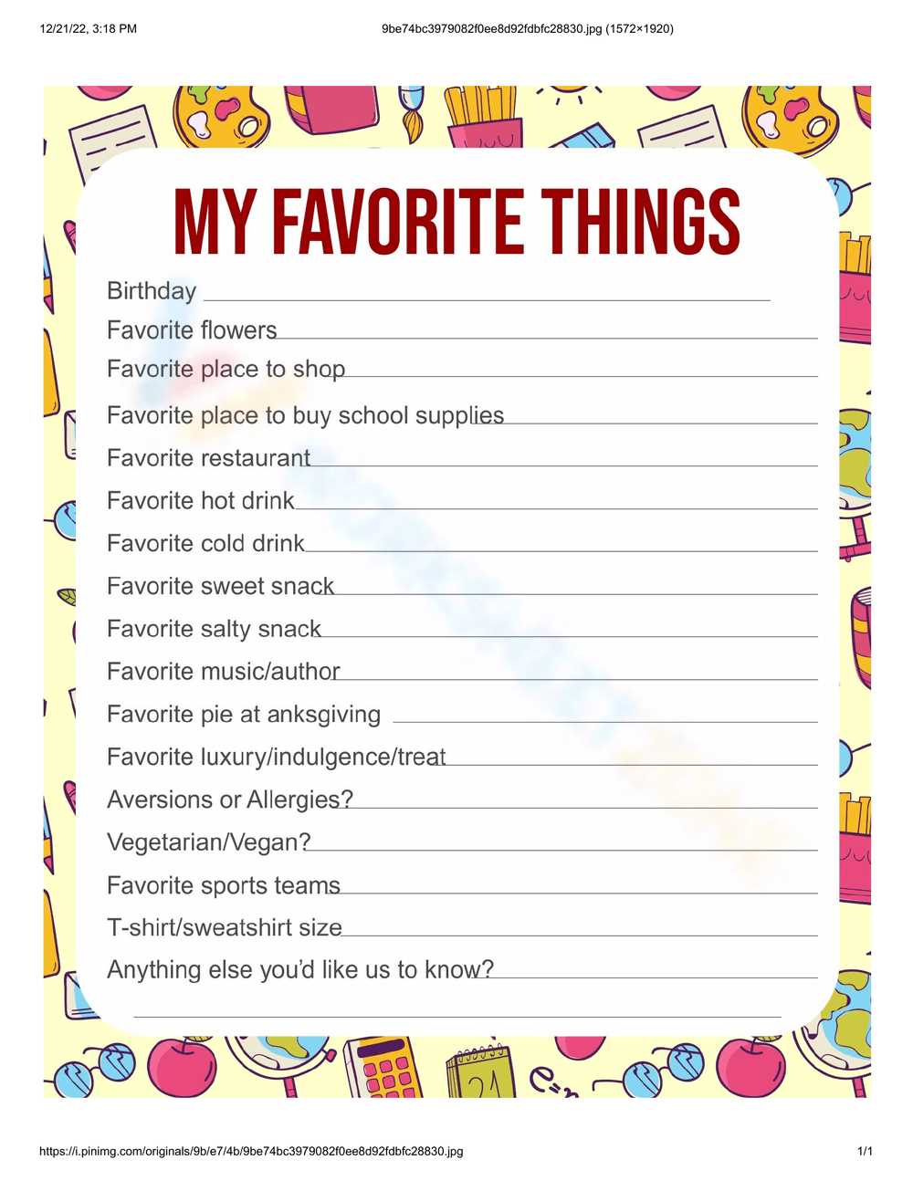 favorite things about school worksheet
