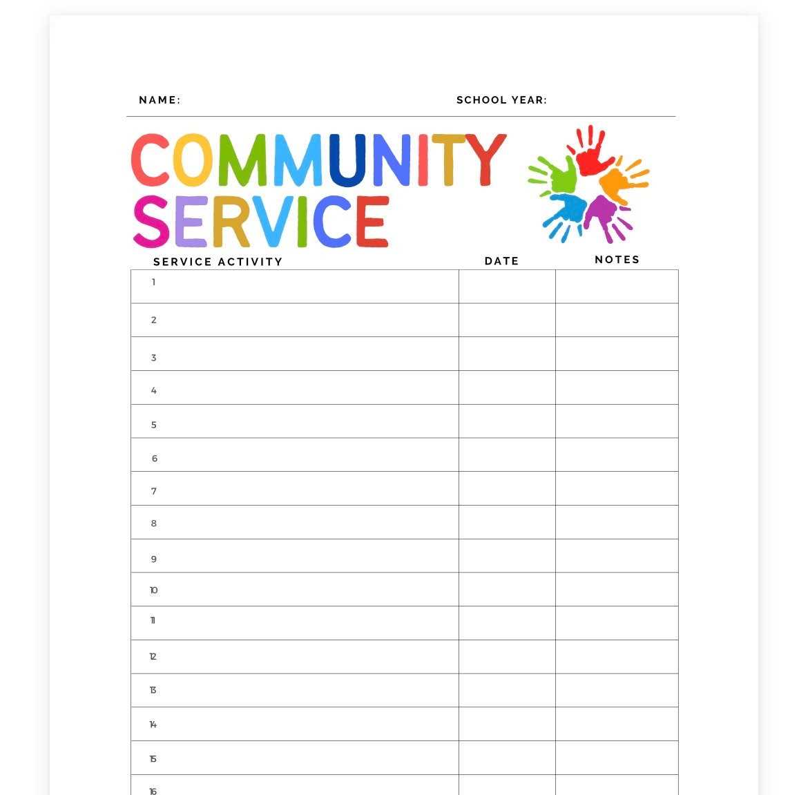 community service worksheets