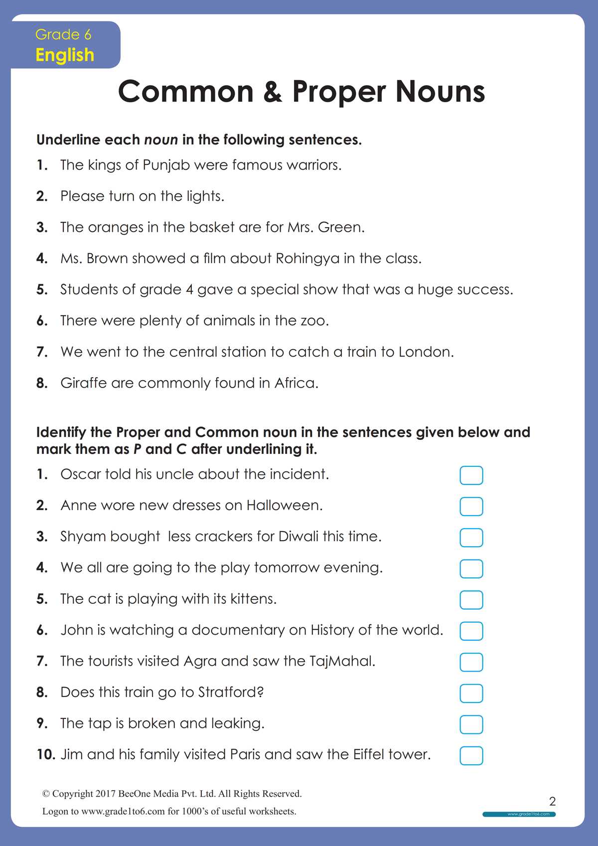 common noun sentences worksheet