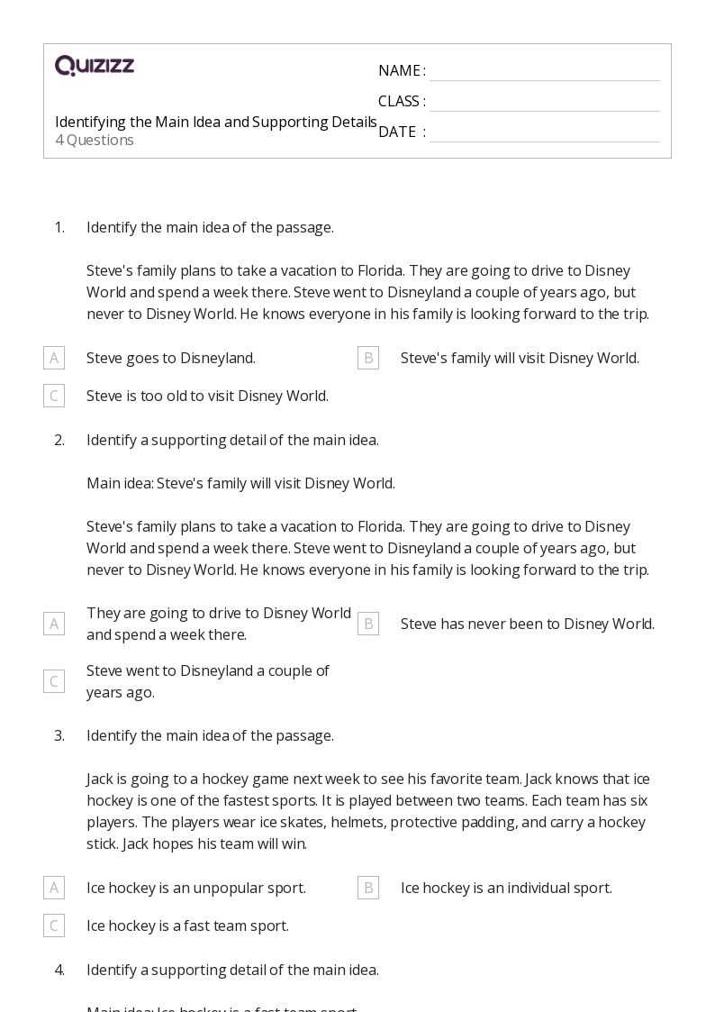 central idea and details worksheet