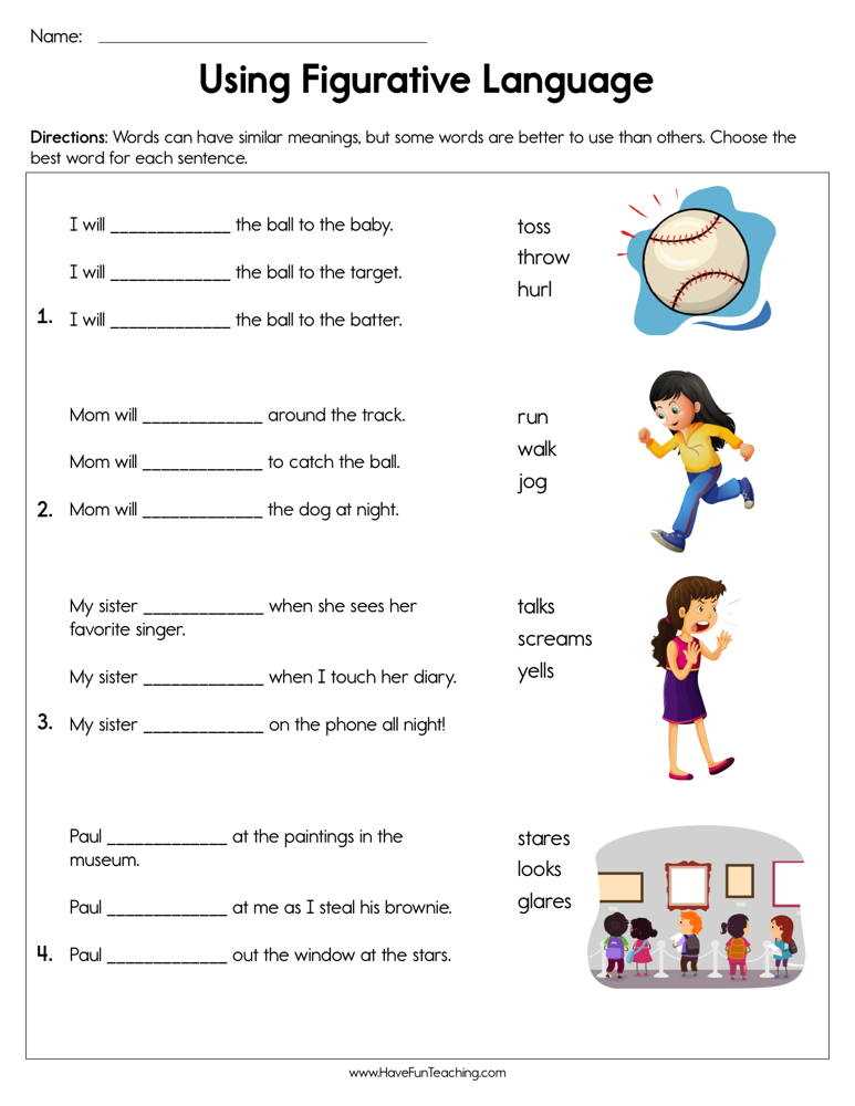 figurative language worksheets middle school