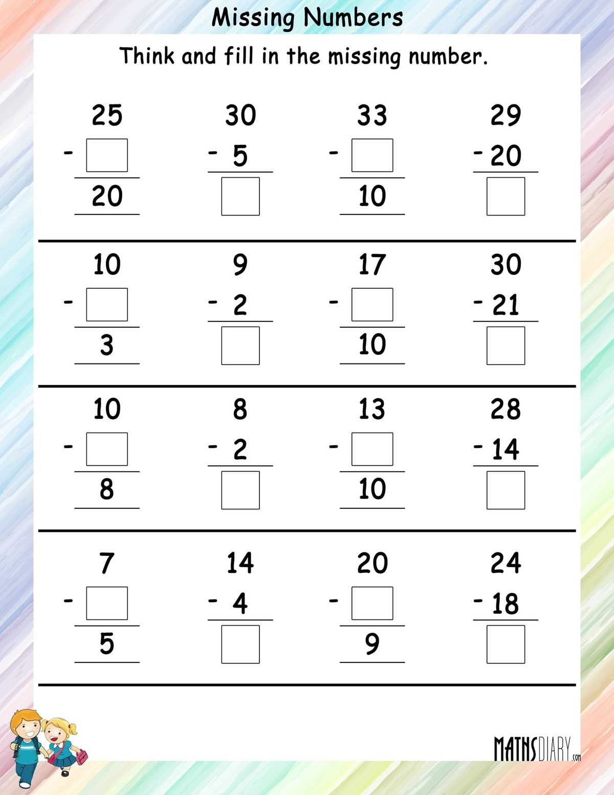 fill in the missing numbers worksheet