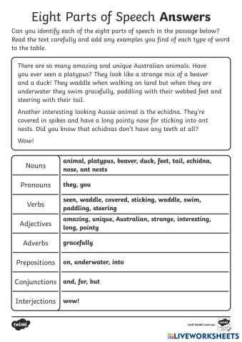 find parts of speech worksheet