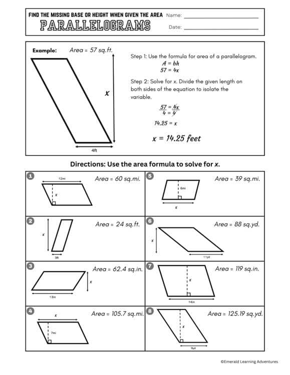 find the base and height of a parallelogram worksheet