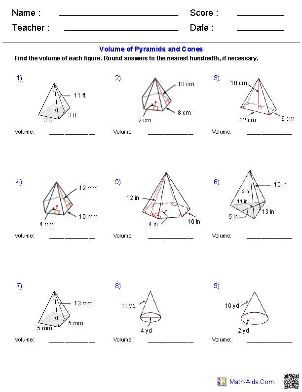 find the volume of a cone worksheet