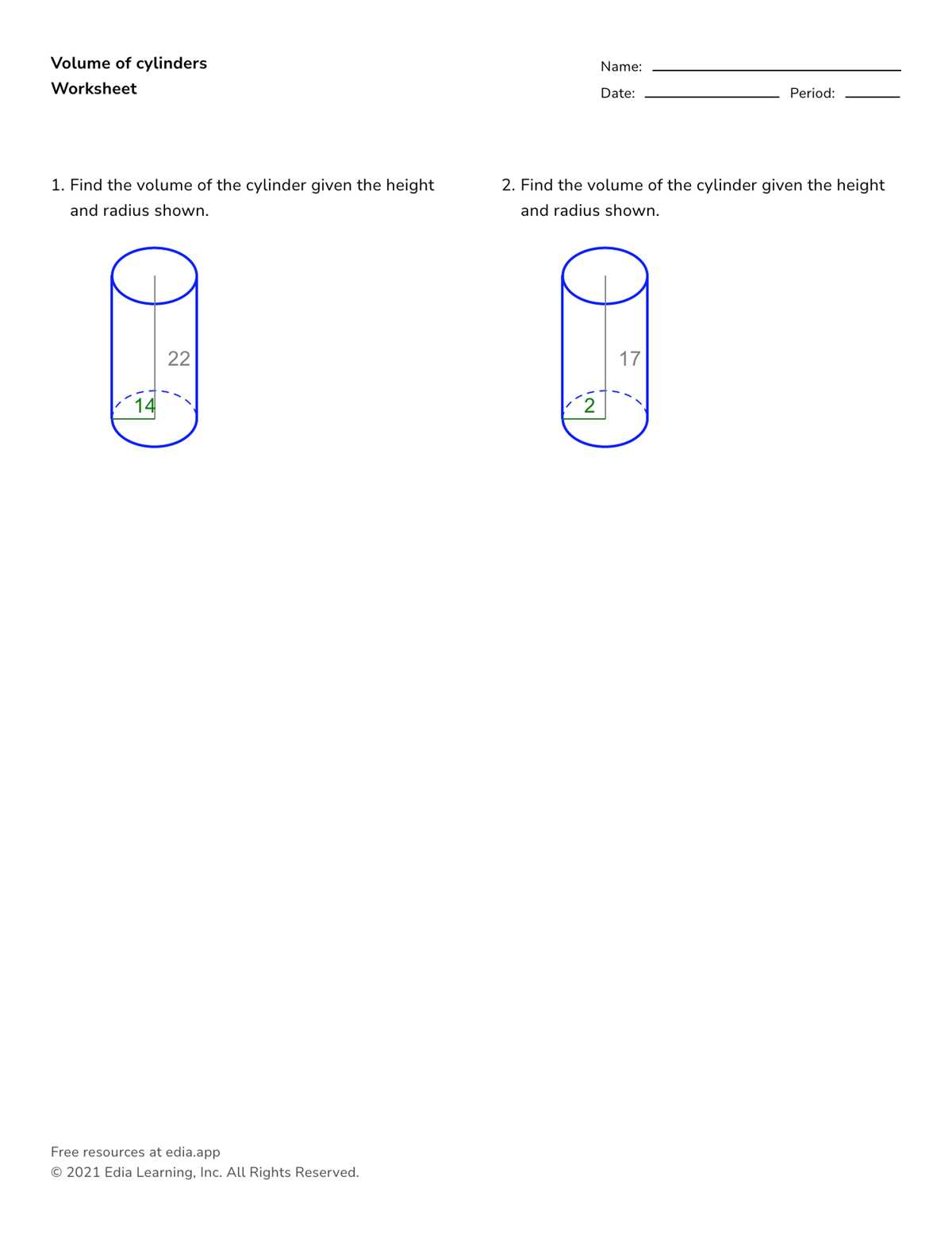 find the volume of each cylinder worksheet