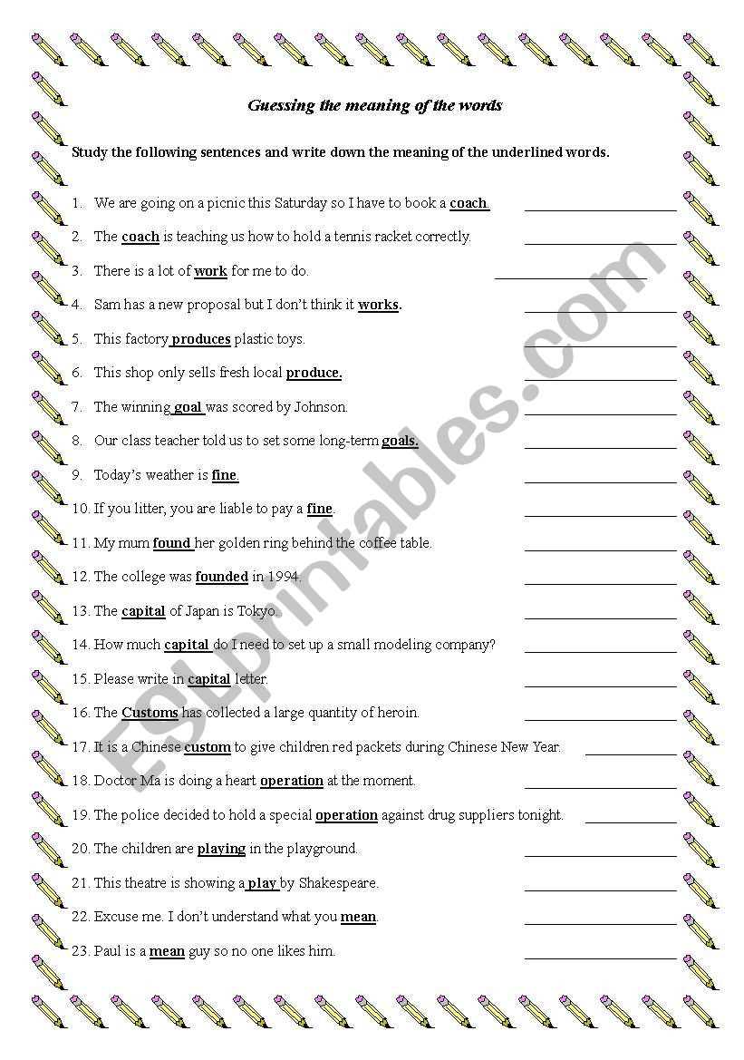 finding the meanings of words for esl adult students worksheets