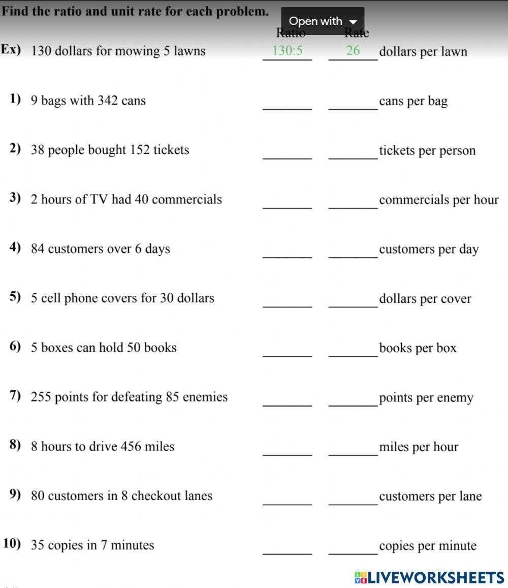 finding the unit rate worksheet