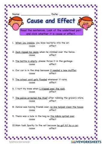 cause and effect worksheets grade 6