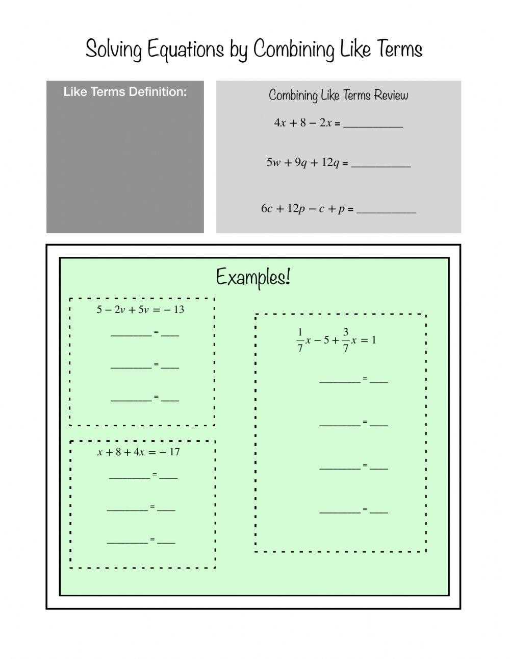 solving equations by combining like terms worksheet