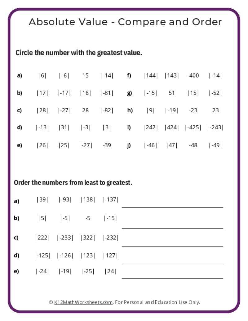 absolute value integers worksheet