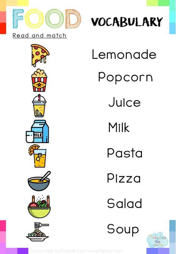 food and drinks vocabulary matching worksheet