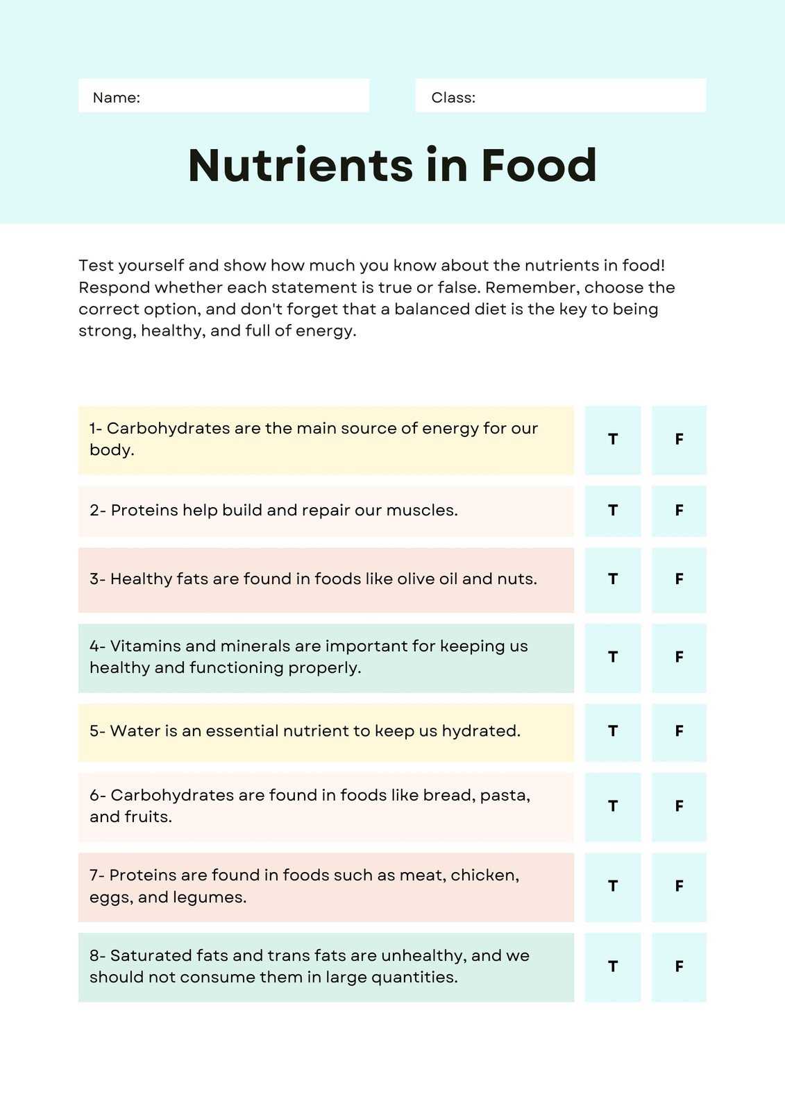 food and health class 5 worksheets