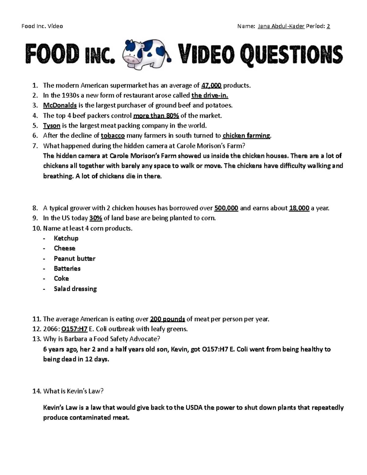 food inc movie worksheet key
