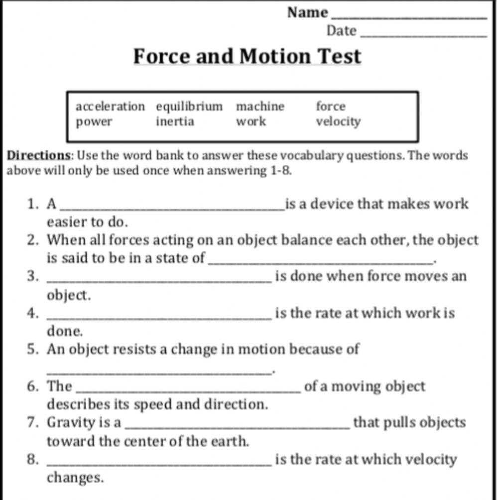 forces and motion worksheet