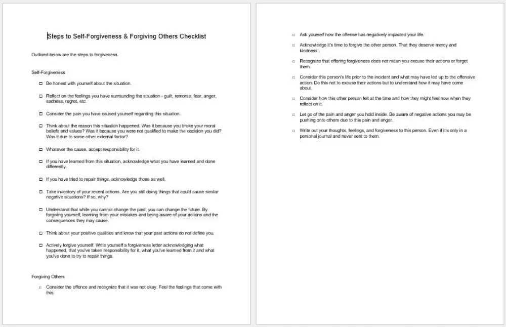 forgiving self worksheet